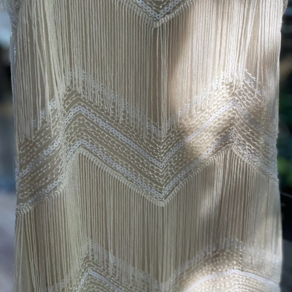 NWT Lulus White Sequin Fringe Midi Dress XS Art Deco Square Neckline with Straps - Picture 12 of 14